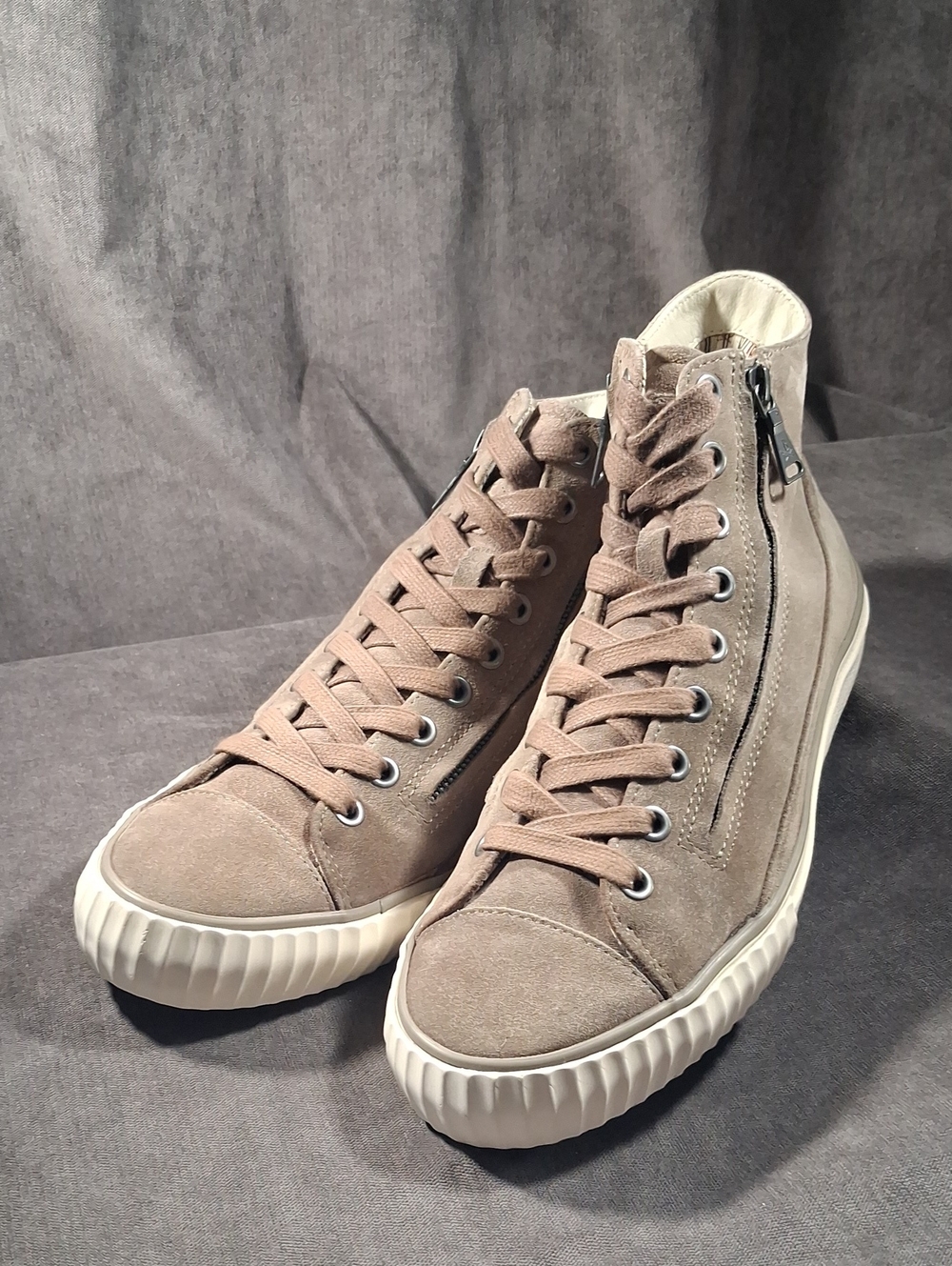 John Varvatos Bootleg Tan Suede Double Zipper + Lace Up Hightop Sneakers G- US 9